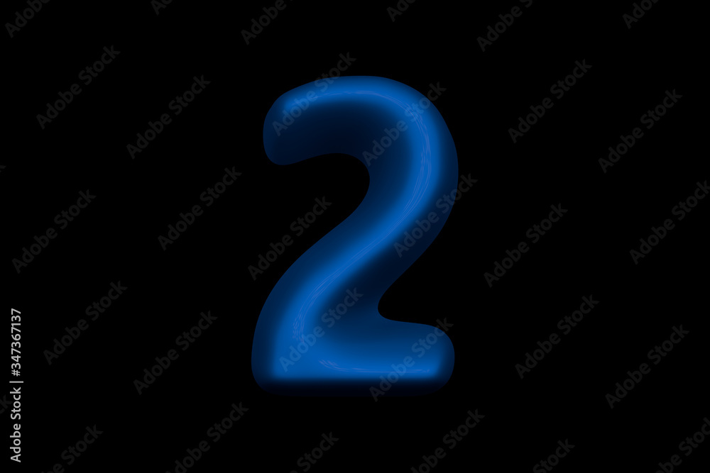 Shiny blue plastic alphabet - number 2 isolated on black background, 3D illustration of symbols Shiny blue plastic alphabet - number 2 isolated on black background, 3D illustration of symbols
