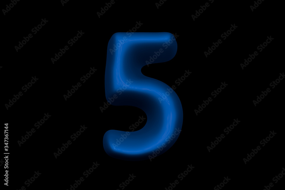 Shiny blue plastic alphabet - number 5 isolated on black background, 3D illustration of symbols Shiny blue plastic alphabet - number 5 isolated on black background, 3D illustration of symbols