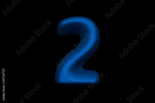 Shiny blue plastic alphabet - number 2 isolated on black background, 3D illustration of symbols