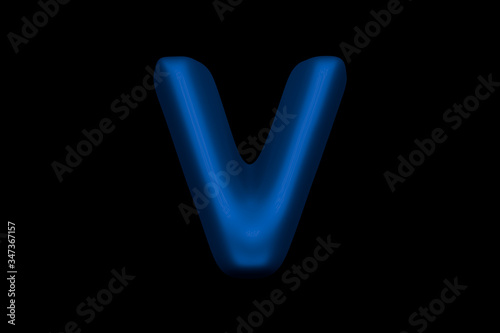 Shiny blue plastic alphabet - letter V isolated on black background, 3D illustration of symbols
