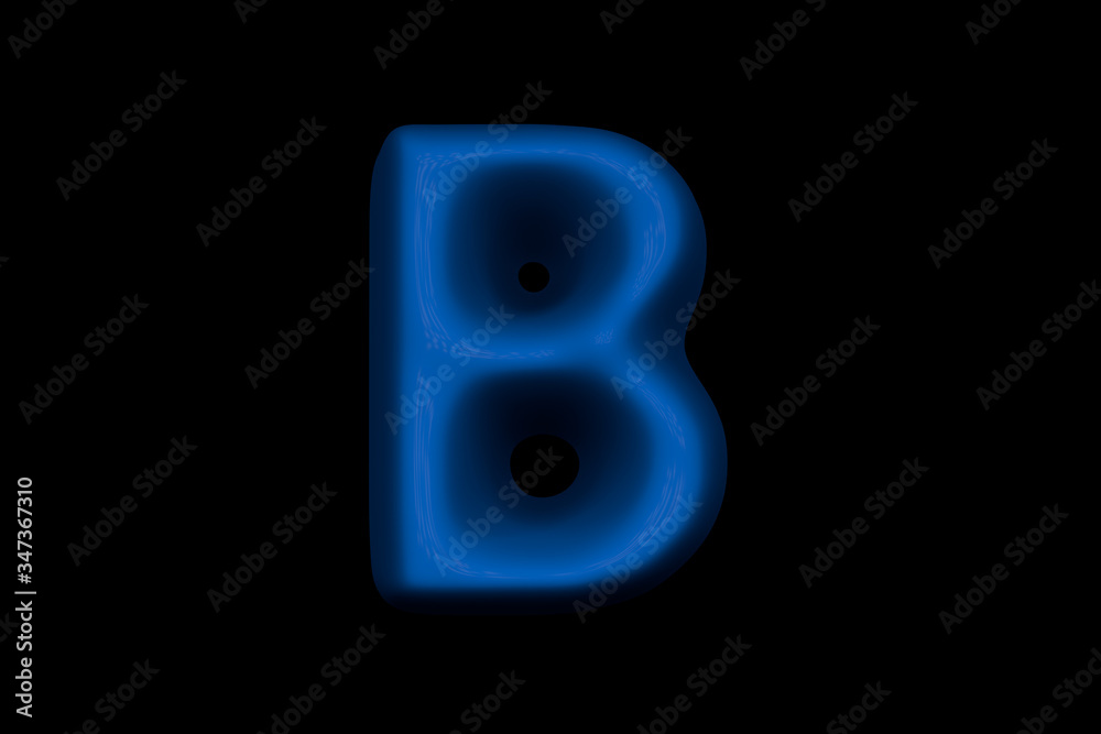 Shiny blue plastic font - letter B isolated on black background, 3D illustration of symbols