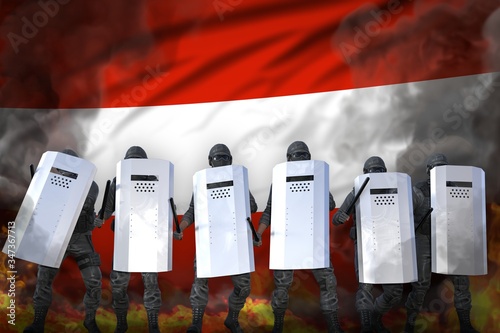 Wallpaper Mural Austria police guards in heavy smoke and fire protecting government against demonstration - protest stopping concept, military 3D Illustration on flag background Torontodigital.ca