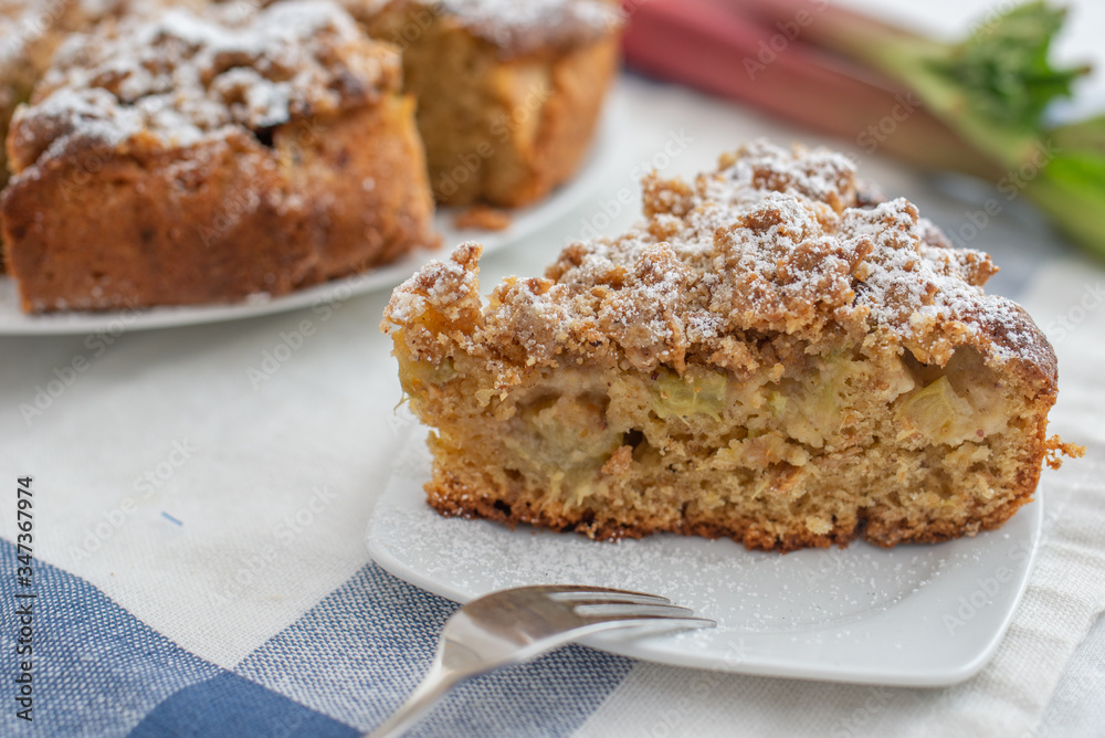 Home made Sweet Rhubarb cake with fresh rhubarb and cinnamon streusel