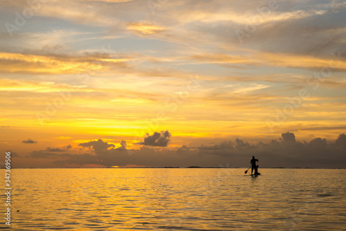 pair of lovers coming back from the ocean by paddle board  against the backdrop of a beautiful sunset in Mauritius © ohrim