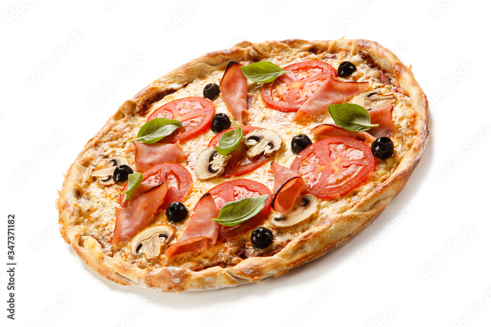 Pizza with ham, mozzarella, champignon and vegetables on white background