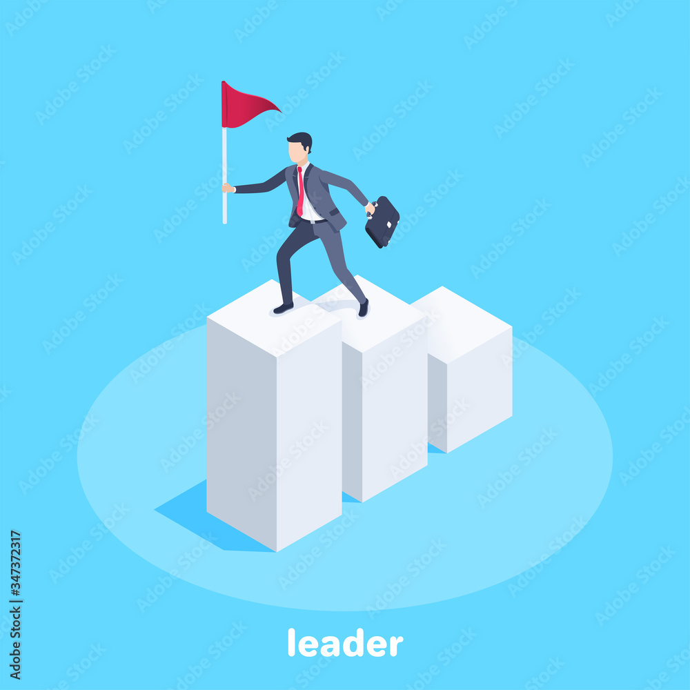 Obraz premium isometric vector image on a blue background, a man in a business suit with a flag runs up to the top of the chart, achieving the goal and leadership in business
