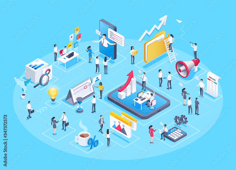 isometric vector image on a blue background, business people work in the office and a set of business icons in the form of a composition of related elements isometric vector image on a blue background, business people work in the office and a set of business icons in the form of a composition of related elements