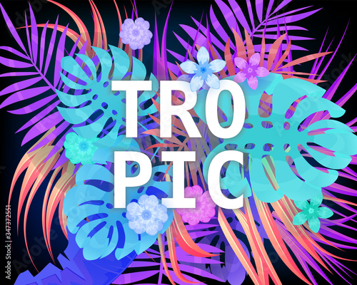 Summer Tropic trendy neon tropical leaves exotical plants palm jungle leaf
