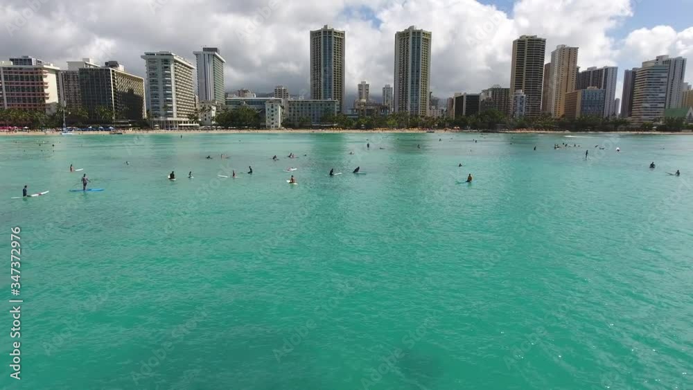 Surfers and Hotels Waikiki Beach Honolulu Oahu Hawaii Drone Video Surfers and Hotels Waikiki Beach Honolulu Oahu Hawaii Drone Video