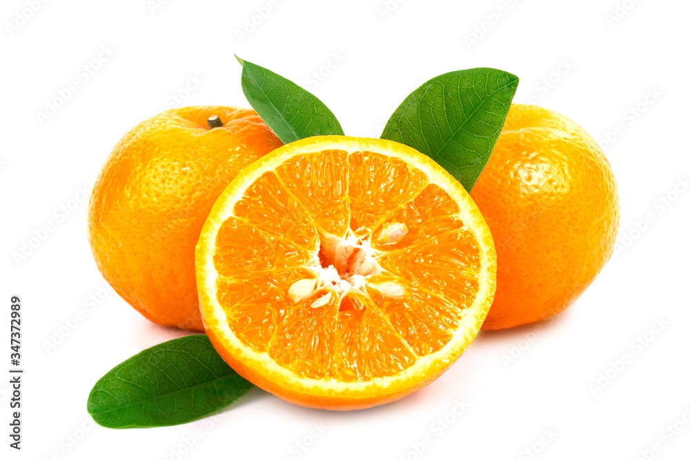 Fresh fruit orange with leaves on a white background Fresh fruit orange with leaves on a white background