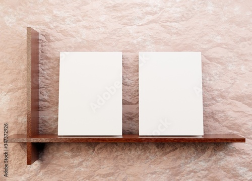 Two empty books on a wooden shelf. Demonstration of book publishing. Template for advertising. 3D rendering.