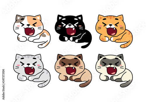 Set of cute yawning cats in different breeds