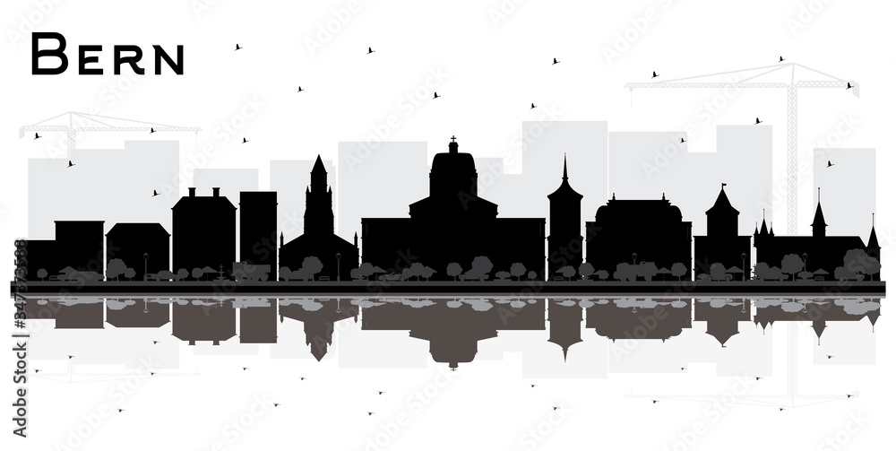 Bern Switzerland City Skyline with Black Buildings and Reflections Isolated on White.