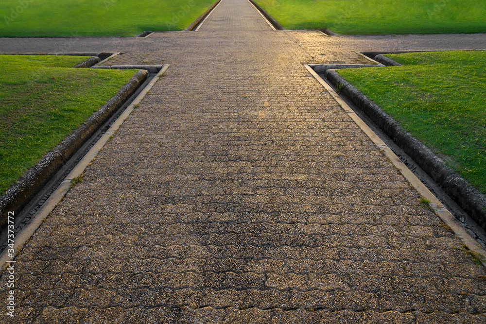 Brick octagona walkway and green grass lawn in perspective view