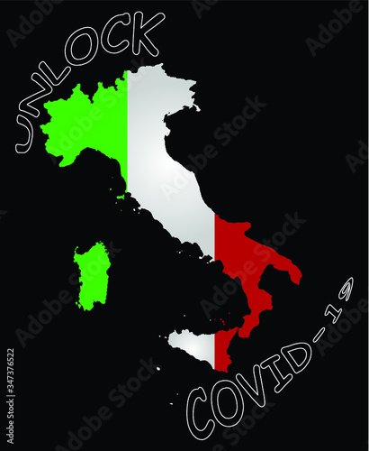 Representation of Italy unlocking social restrictions enforced by the worldwide pandemic isolated on black background 