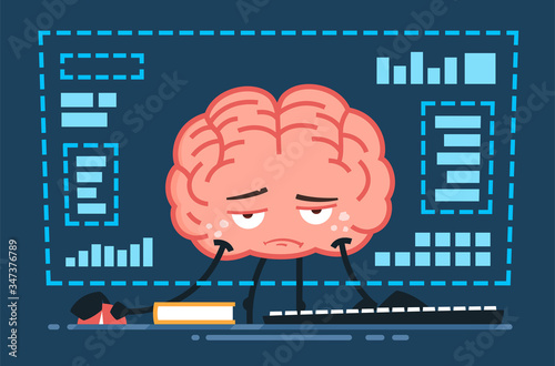 tired vector brain character working in front of the computer at night