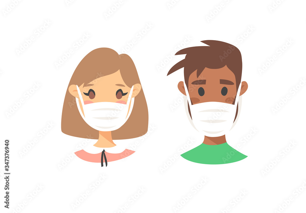 Set of male and female characters. Cartoon style masked people icons. Isolated guys avatars. Flat illustration protected men and women faces. Hand drawn vector drawing safe girls and boys portraits Set of male and female characters. Cartoon style masked people icons. Isolated guys avatars. Flat illustration protected men and women faces. Hand drawn vector drawing safe girls and boys portraits