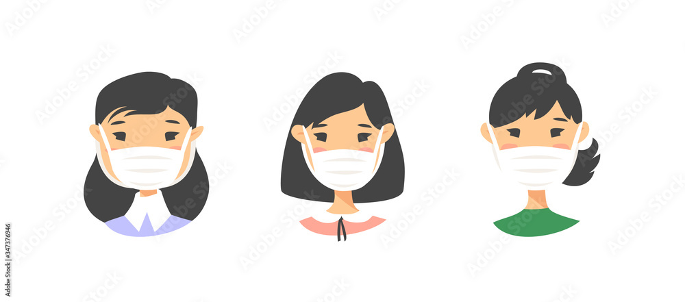 Set of male and female characters. Cartoon style masked people icons. Isolated guys avatars. Flat illustration protected men and women faces. Hand drawn vector drawing safe girls and boys portraits Set of male and female characters. Cartoon style masked people icons. Isolated guys avatars. Flat illustration protected men and women faces. Hand drawn vector drawing safe girls and boys portraits