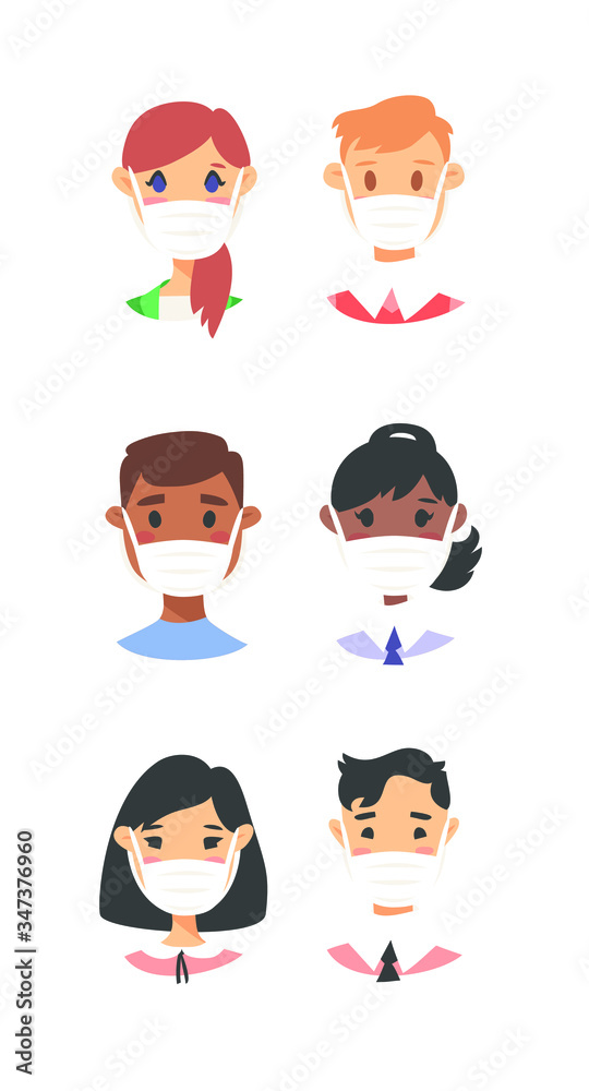 Set of male and female characters. Cartoon style masked people icons. Isolated guys avatars. Flat illustration protected men and women faces. Hand drawn vector drawing safe girls and boys portraits Set of male and female characters. Cartoon style masked people icons. Isolated guys avatars. Flat illustration protected men and women faces. Hand drawn vector drawing safe girls and boys portraits