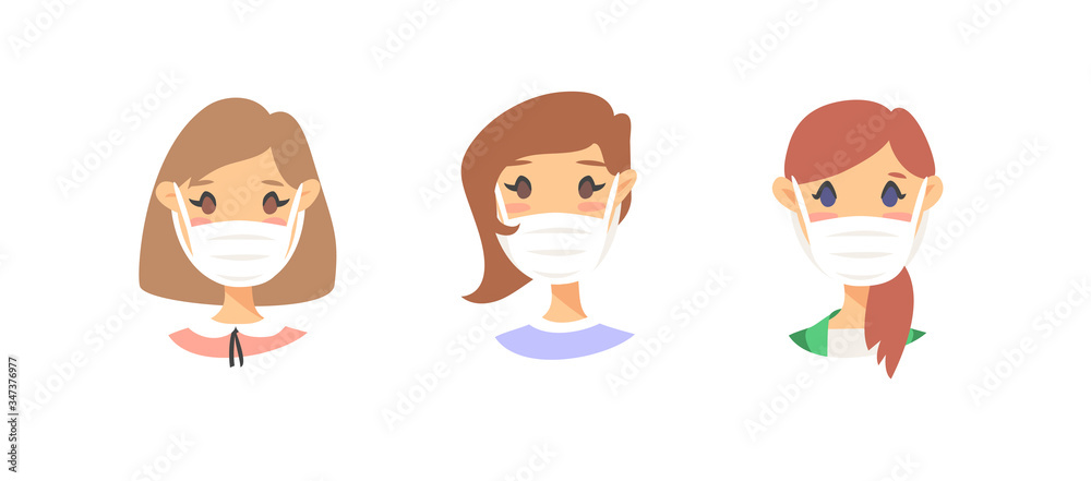Set of male and female characters. Cartoon style masked people icons. Isolated guys avatars. Flat illustration protected men and women faces. Hand drawn vector drawing safe girls and boys portraits Set of male and female characters. Cartoon style masked people icons. Isolated guys avatars. Flat illustration protected men and women faces. Hand drawn vector drawing safe girls and boys portraits