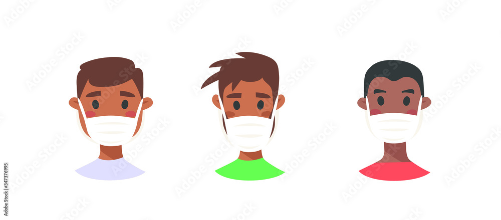 Set of male and female characters. Cartoon style masked people icons. Isolated guys avatars. Flat illustration protected men and women faces. Hand drawn vector drawing safe girls and boys portraits Set of male and female characters. Cartoon style masked people icons. Isolated guys avatars. Flat illustration protected men and women faces. Hand drawn vector drawing safe girls and boys portraits