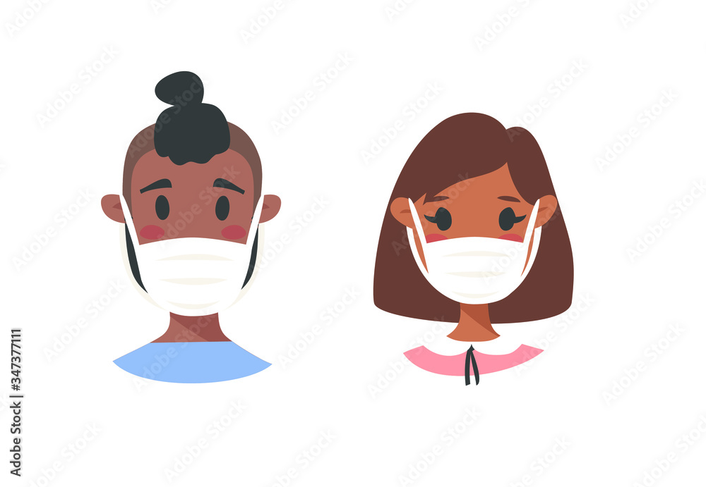 Set of male and female characters. Cartoon style masked people icons. Isolated guys avatars. Flat illustration protected men and women faces. Hand drawn vector drawing safe girls and boys portraits Set of male and female characters. Cartoon style masked people icons. Isolated guys avatars. Flat illustration protected men and women faces. Hand drawn vector drawing safe girls and boys portraits