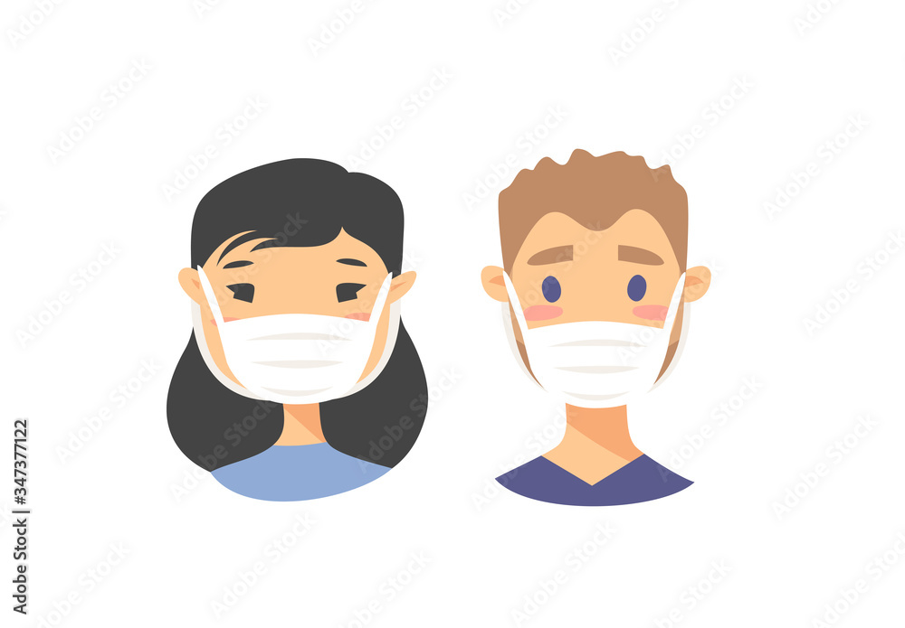 Set of male and female characters. Cartoon style masked people icons. Isolated guys avatars. Flat illustration protected men and women faces. Hand drawn vector drawing safe girls and boys portraits