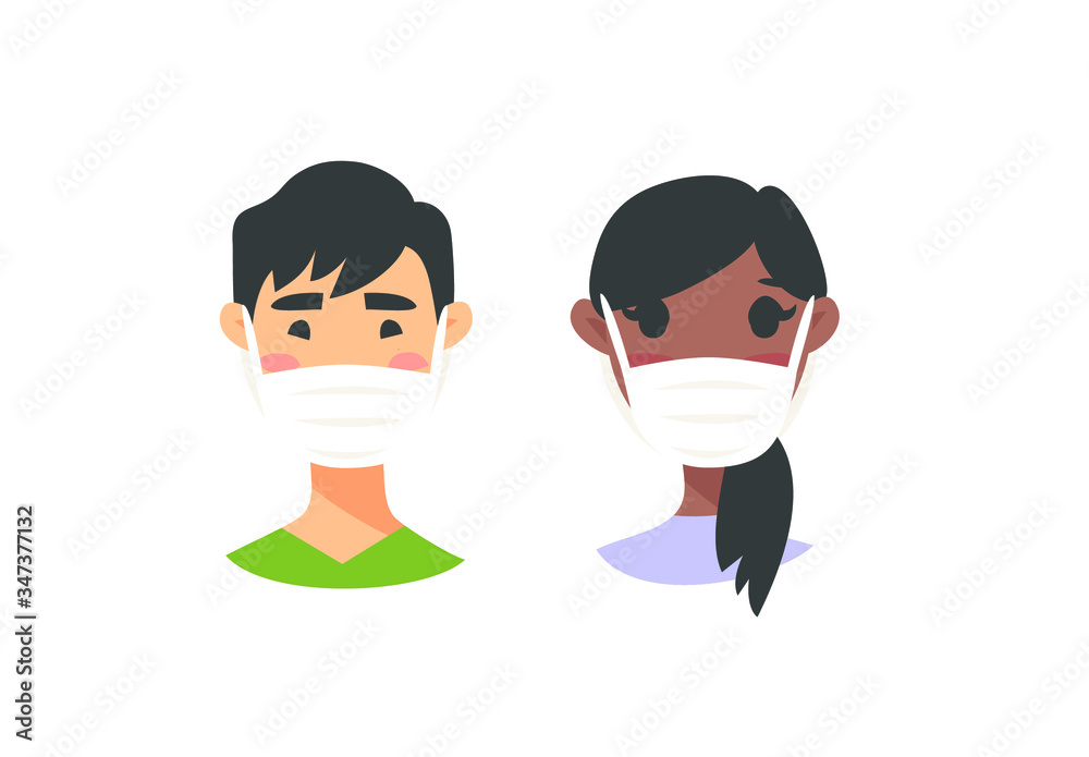 Set of male and female characters. Cartoon style masked people icons. Isolated guys avatars. Flat illustration protected men and women faces. Hand drawn vector drawing safe girls and boys portraits Set of male and female characters. Cartoon style masked people icons. Isolated guys avatars. Flat illustration protected men and women faces. Hand drawn vector drawing safe girls and boys portraits