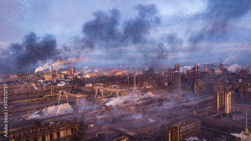 industry metallurgical plant dawn smoke smog emissions bad ecology aerial photography