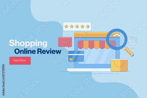 Online shopping, customer shopping experience and review sharing on internet, search product, quality and feedback. Ecommerce website, cashless transaction, online payment and delivery.