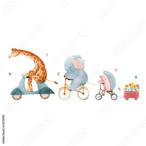 Beautiful vector stock illustration with watercolor hand drawn cute animals on transport.