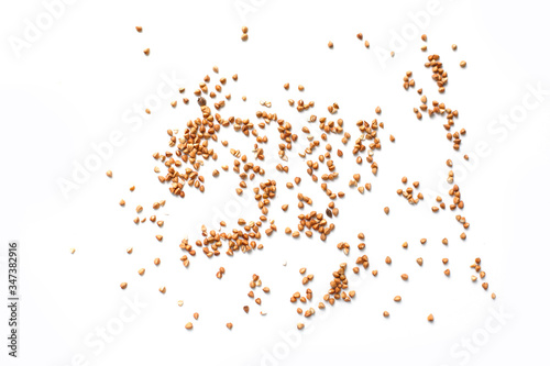 A scattering of buckwheat on a white background.