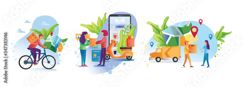 Online delivery service concept, online order tracking, delivery home and office. Warehouse, truck, drone, scooter and bicycle courier, delivery man in respiratory mask. Vector illustration