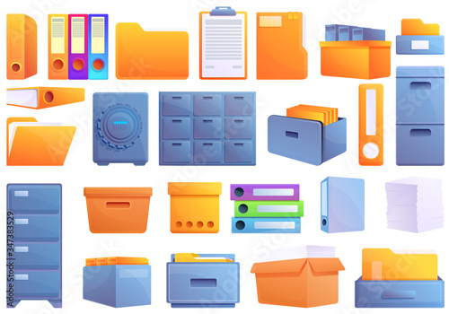 Storage of documents icons set. Cartoon set of storage of documents vector icons for web design