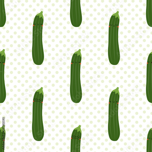 Kawaii Cartoon Zucchini.Colored Seamless Patterns 