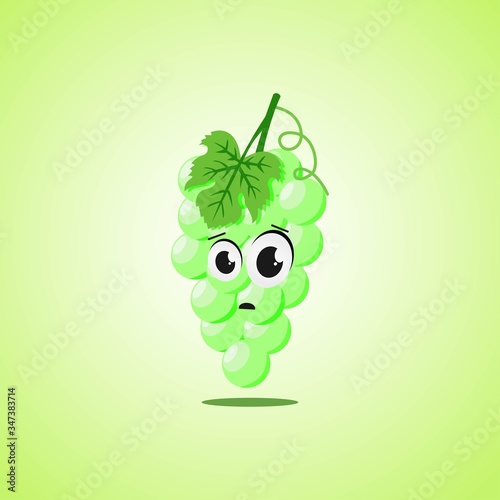 Frightened cartoon white grapes symbol. Cute icon of the white grapes isolated on green background.