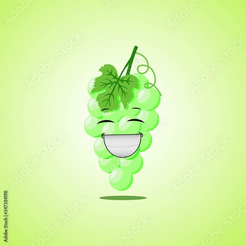 Laughing cartoon green grapes symbol. Cute smiling white grapes icon isolated on green background.