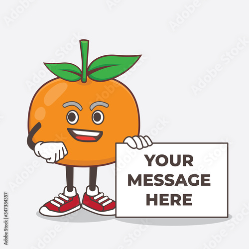 Mandarin Orange cartoon mascot character holding a board sign message