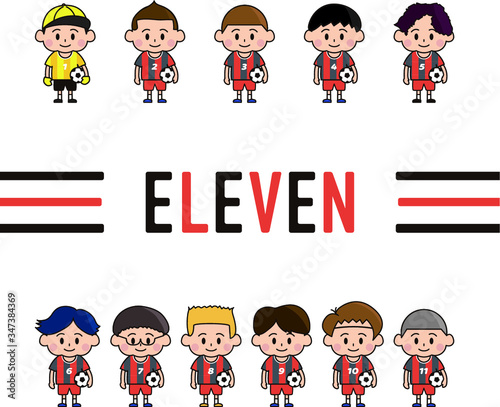 少年サッカーチーム11人のイラスト（赤）
