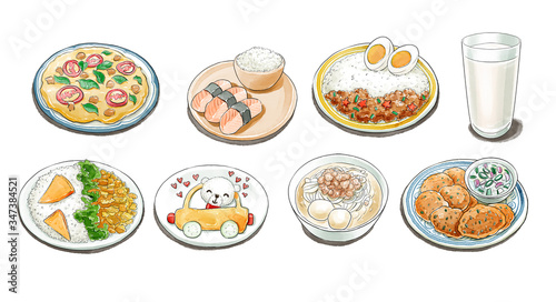 Illustration of a food set that is painted in watercolor and gives a beautiful, smooth, appetizing appearance,illustration