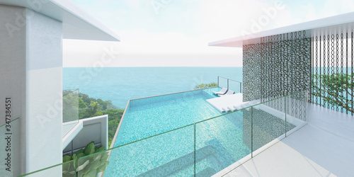 Modern beautiful house with a swimming pool, sea view, blue and white concept,3d render © eak8dda