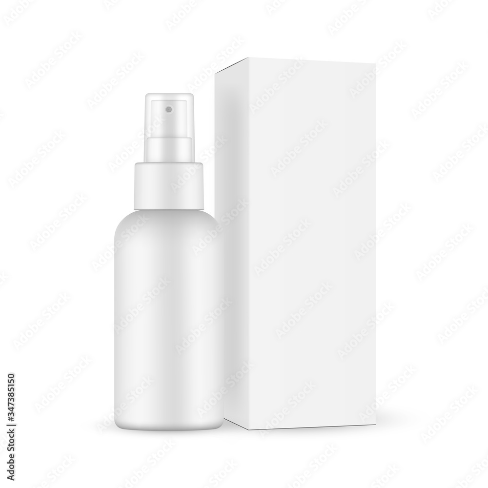 Spray bottle with transparent cap, paper box mockup isolated on white background. Vector illustration Spray bottle with transparent cap, paper box mockup isolated on white background. Vector illustration