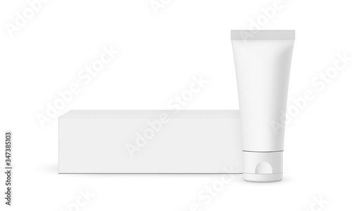Plastic tube mockup with box isolated on white background. Cream, toothpaste, gel packaging mock up. Vector illustration