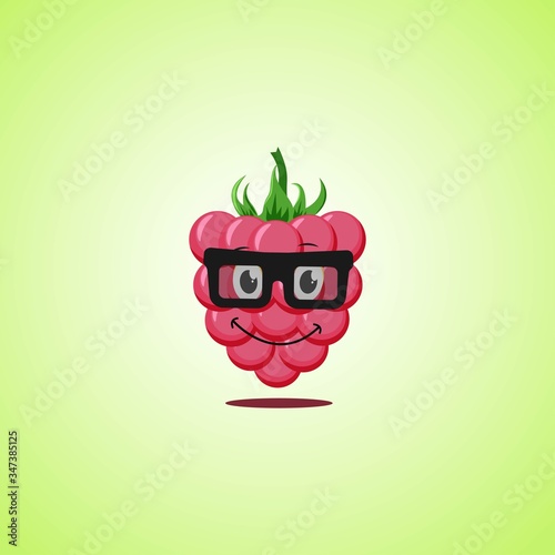 Simple smile cartoon raspberry symbol in glasses. Cute smiling lemon icon isolated on green background.