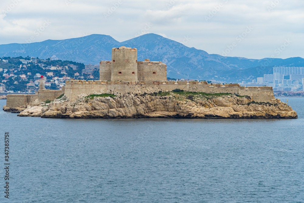 View of the Chateau d'If, the famous prison the Bay of Marseille which was the settings of Alexandre Dumas novel The Count of Monte Cristo