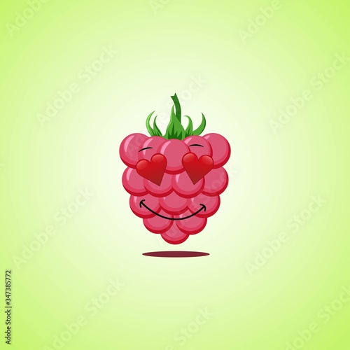 Amorous cartoon raspberries symbol. Cute smiling raspberries icon isolated on green background.