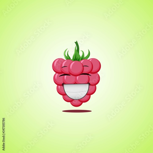 Laughing cartoon raspberry symbol. Cute smiling raspberries icon isolated on green background.
