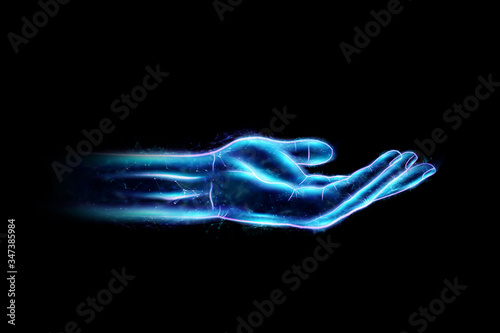 Hand holding a hologram on a black background. Future technology concept. 3D illustration, 3D rendering.