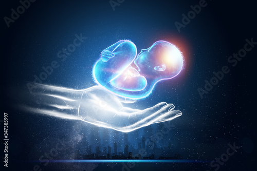 Artificial insemination, on the hand. Child in the fetal position, embryo, hologram. Pregnancy concept,, medical examination, future of medicine. 3D illustration, 3D render. photo