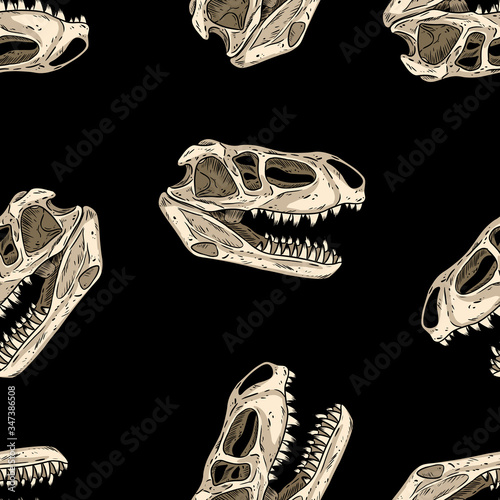 Carnivorous tyrannosaurus dinosaur fossils seamless pattern on blackboard. Trex fossilized skull chalkboard wallpaper. Vector texture background tile